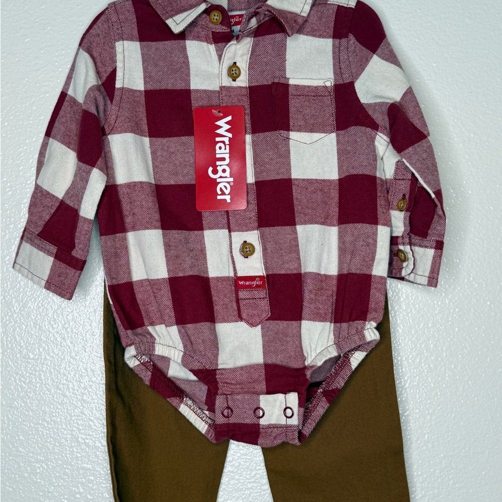 Wrangler Baby Burgundy and White Plaid Shirt and pants set 6-9M